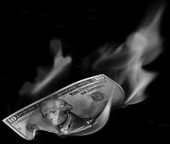 Printed Money Loses Its Value, illustrated as bills going up in flames